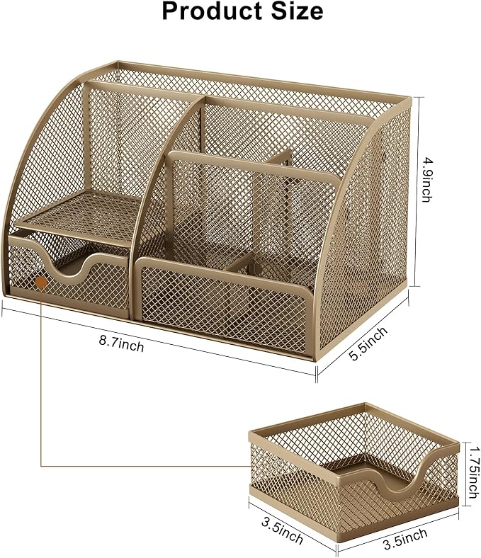 EasyPAG Mesh Desk Organizer with Drawer Multi-functional Pen Holder Stationery Organizer for Office School Supplies 6 Compartments Dorm Organizers and Storage for Desk, Gold