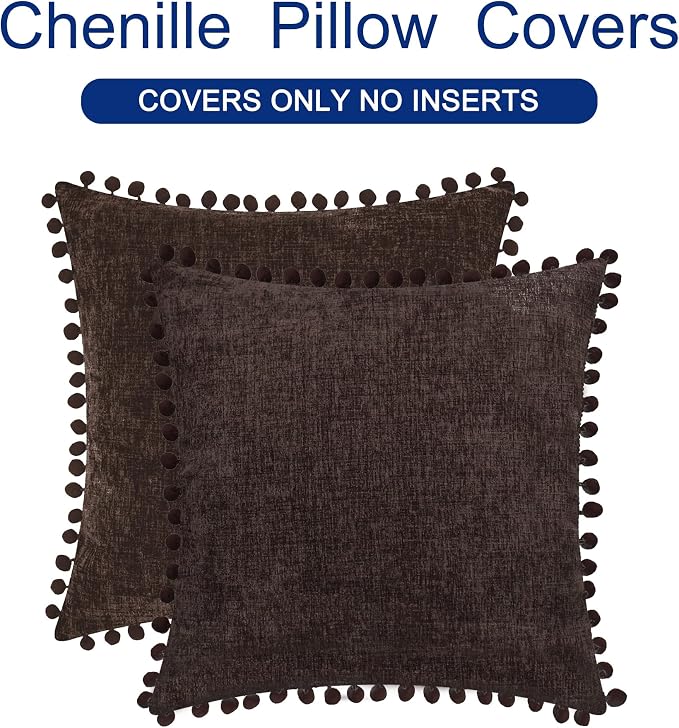 CaliTime Decorative Couch Throw Pillow Covers 22 X 22 Inches Coffee | Pack of 2, Cozy Chenille Cushion Cases, with Pom Poms for Sofa Bed Living Room Farmhouse Home