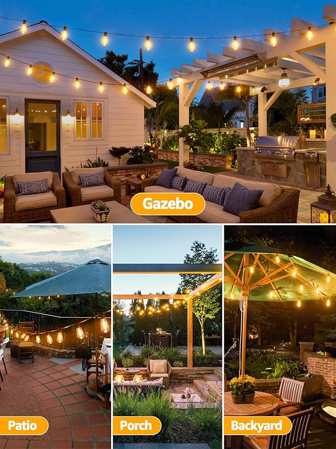 Outdoor String Lights Dimmable with Remote, 150 FT Outdoor Lights with 2 Timer and 3 Mode, Waterproof & Shatterproof Patio Lights, 2200K Energy Saving String Lights 4 Spare Bulbs for Patio Yard