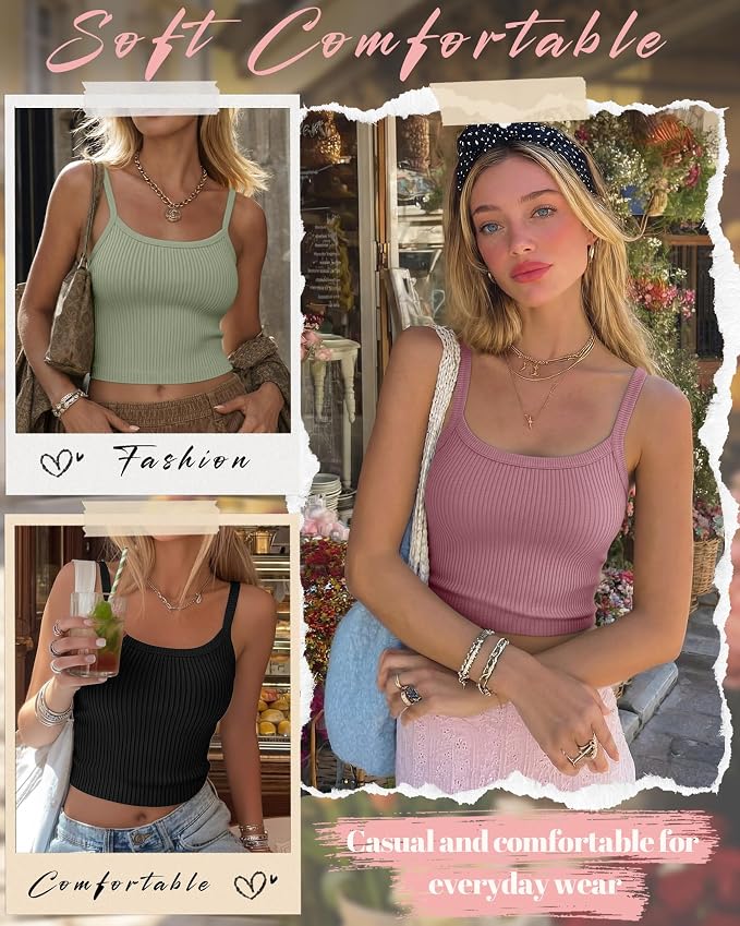 Ficerd 3 Pack Women's Tank Tops 95% Cotton Spaghetti Strap Ribbed Crop Camisole Slim Fitted Basic Summer Sleeveless Layer