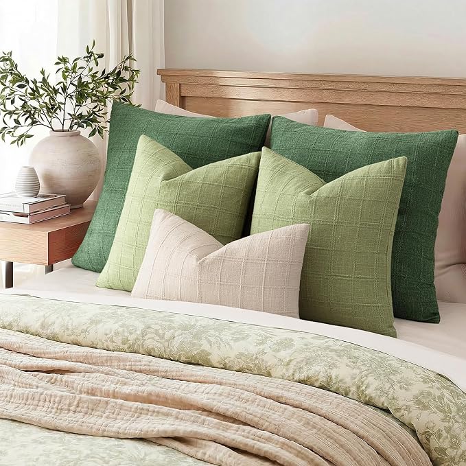 Foindtower Set of 2 Decorative Linen Check Throw Pillow Covers Neutral Farmhouse Vintage Cushion Covers Cozy Modern Boho Accent Home Decor for Sofa Chair Couch Bed Living Room,14×36 Inch,Light Green