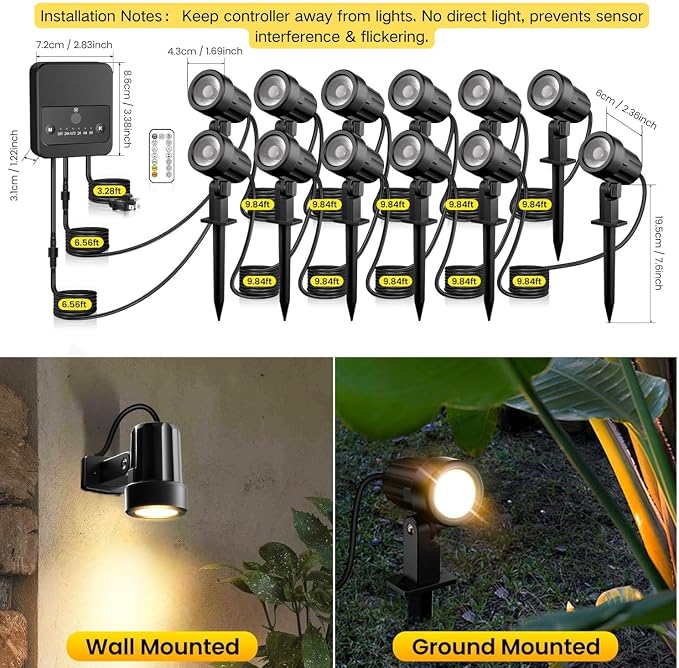 Landscape Lighting Kit 2700-6500K Dimmable Outdoor Spotlights 12 Pack | 3 brightness levels,2 dynamic mode,IP66 waterproof, remote timer & memory,plug and play. Ideal for yards, gardens & pathways