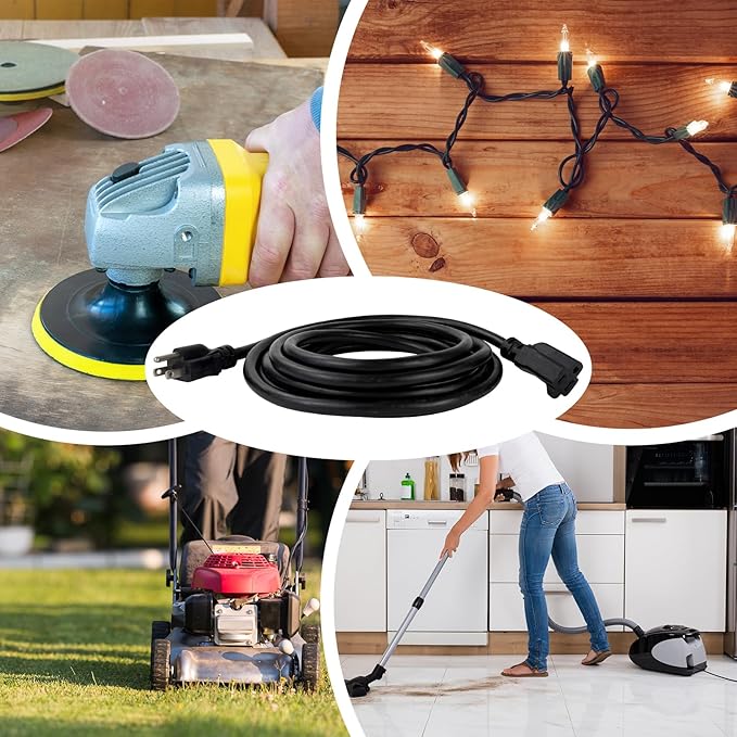 25 FT Outdoor Heavy Duty Extension Cord - 12/3 SJTW 15 AMP Indoor Power Cord with 3 Prong Grounded Plug for Lawn Mower, Appliances, Workshop, Lights Water Resistant Flexible Cable Black.