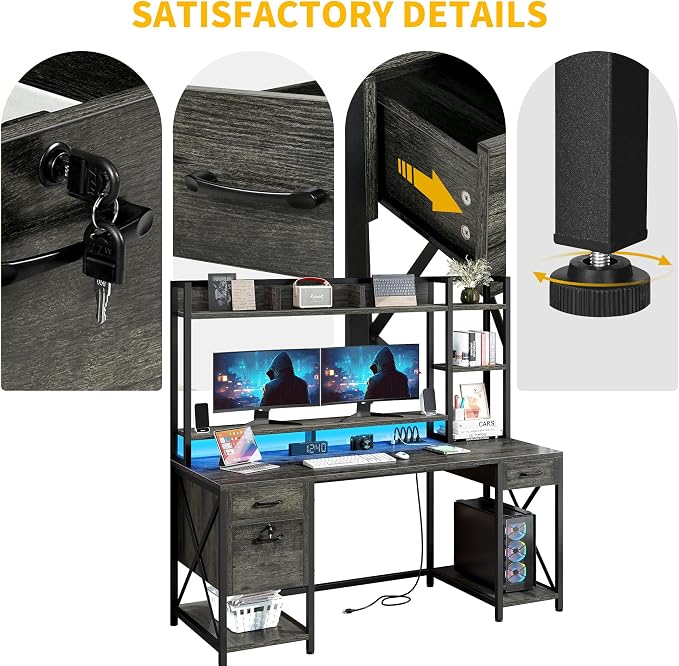 DWVO Computer Desk with Drawers & Hutch, 59.1" Office Desk with Power Outlets & LED Lights, Home Office Desk with Storage Shelves, Grey | Built-In Power Outlets, Led Lights, Hutch Shelves, Storage Drawers, for Home Office Work Study, Easy Assembly