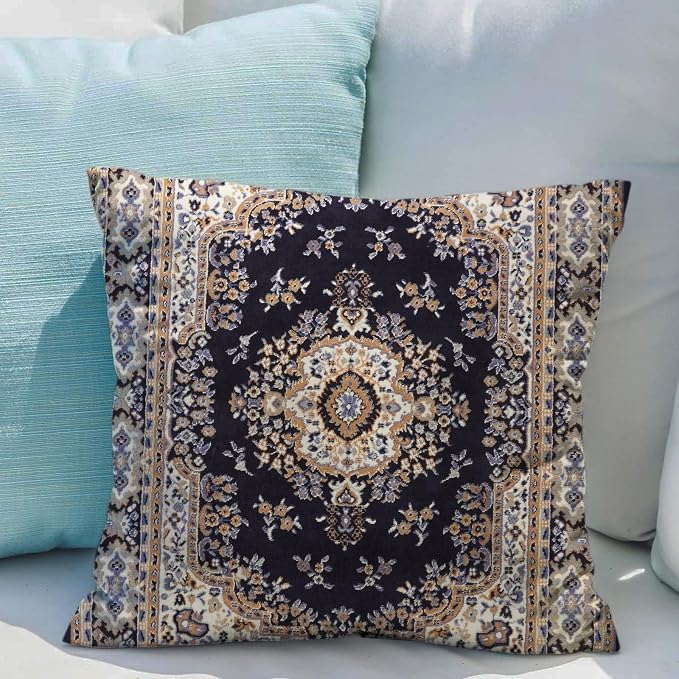 Snycler Boho Throw Pillow Covers 20x20 inch Set of 2 Black Medallion Border Area Rug Double Sided Pattern Cotton Soft Pillow Case Cushion Cover Pillowcase for Couch Sofa Bed Decorative