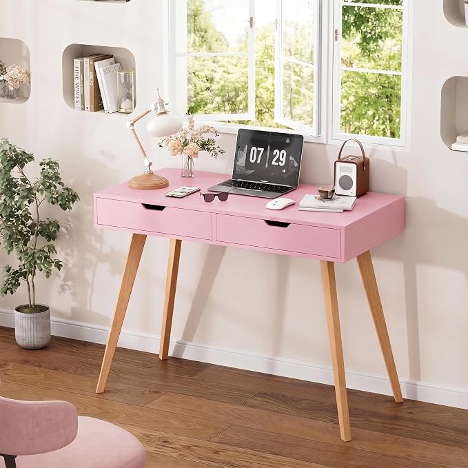 FOTOSOK White Computer Writing Desk with 2 Drawers, Small Desk Makeup Vanity Table Wood Desk with 4 Oak Legs, Modern Home Office Desk Console Study Table, Pink