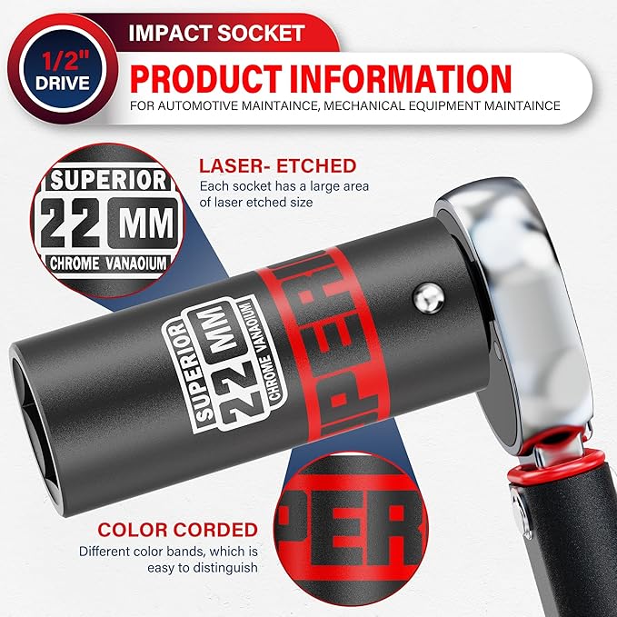 1/2" Drive Impact Socket, 22 mm Deep Socket, Metric, 6 Point, CR-V, for Automotive Maintaince, Mechanical Equipment Maintaince