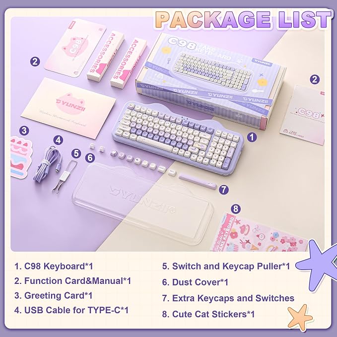 YUNZII C98 Cute Cake Wireless Mechanical Keyboard(Purple, Milk Switch) | 99 Keys with Number Pad, Hot Swap, PBT MOA Keycaps, BT5.0/2.4G/USB-C, Gasket Mount, Custom RGB Backlit for Win/Mac