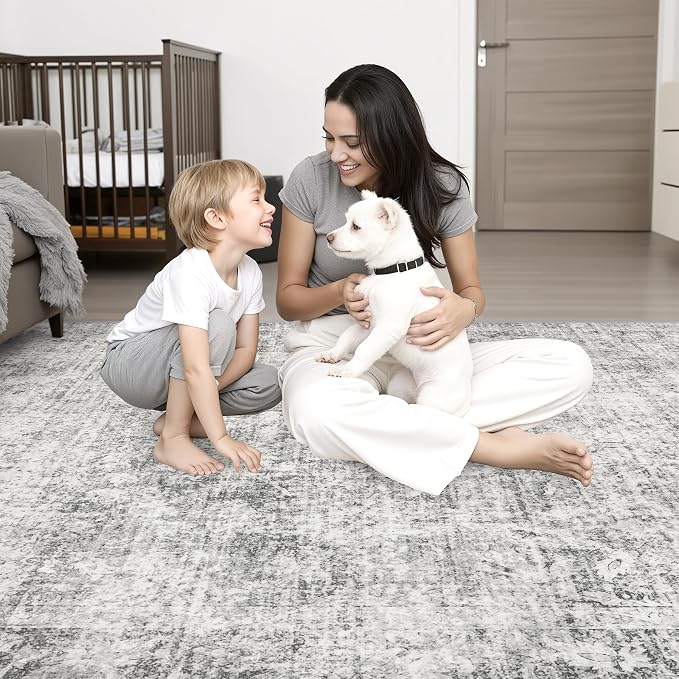 9x12 Area Rug Living Room Rug: Washable Modern Abstract Soft Thin Rug Indoor Floor No Slip Carpet for Bedroom Dining Room Farmhouse Nursery Home Office - Retro Black Grey