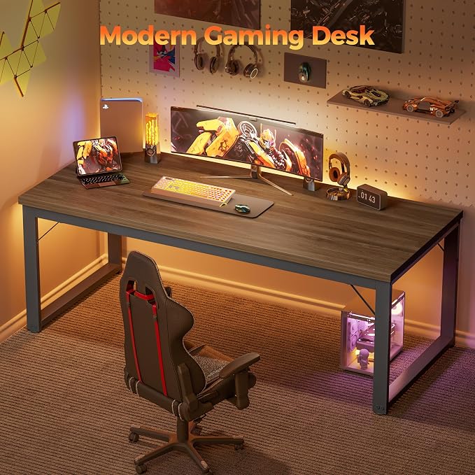Mericonia 54 Inch Computer Desk, 1" Thick Large Office Table, Walnut | Modern Simple Style, Heavy Duty Industrial Frame, Study & Writing Table for Home Bedroom Work