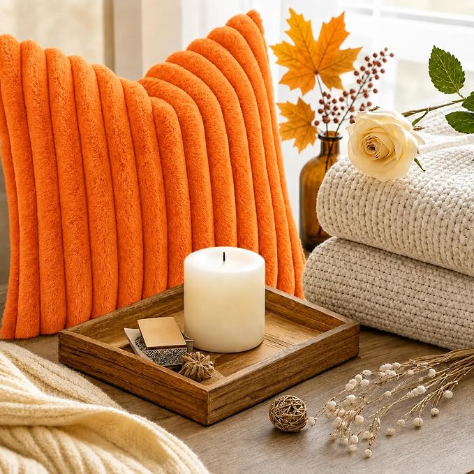 decorUhome Fall Faux Fur Throw Pillow Covers 24x24 Set of 2 Orange | Decorative Soft Cozy Striped Plush Modern Farmhouse Boho Couch Pillow Cases Velvet Back for Sofa Bed Living Room Home Decor