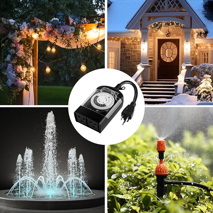 Outdoor Timer Outlet Waterproof, 24 Hour Mechanical Timer Outlet for Home and Garden, 2 Grounded, 15A 3/4HP, Black, 1 Pack