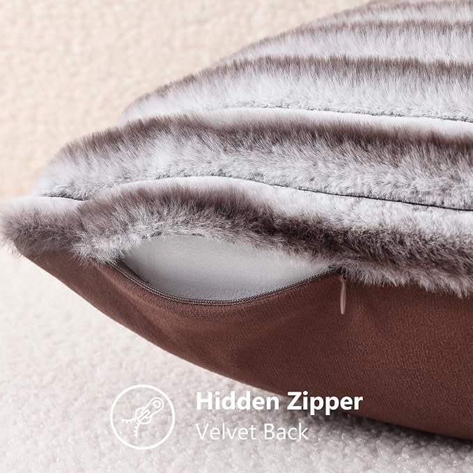 decorUhome Fall Faux Fur Throw Pillow Covers 16x16 Set of 2 Brown White | Decorative Soft Cozy Striped Plush Modern Farmhouse Boho Couch Pillow Cases Velvet Back for Sofa Bed Living Room Home Decor