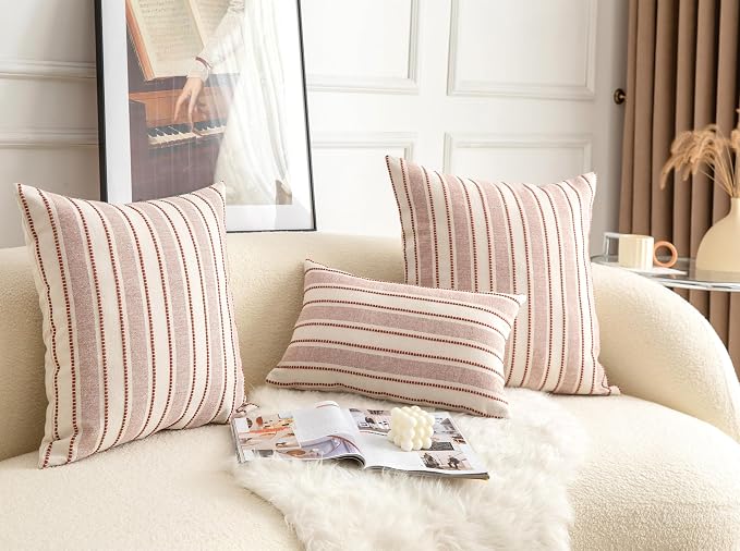 Cethom Decorative Boho Throw Pillow Covers, Farmhouse Textured Pillow Case, 20 x 20 Inch Set of 2, Chair Sofa Bedroom Living Room Home Decor Couch Cushion Case, Rust and Beige Striped