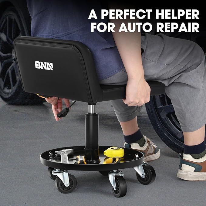 DNA Motoring Rolling Padded Seat Adjustable Height Seat 330lbs Capacity Rolling Mechanic Creeper Stool, W/Tool Storage Drawer & Tray, Black, TOOLS-00601