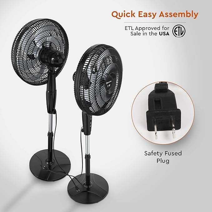 Comfort Zone Smart WiFi Oscillating Stand Fan, 18 inch, 3 Speed, Wall-Mountable, Voice Control, Full-Function Timer, Adjustable Stand up to 53 inches, Tri-Curve Technology to Reduce Noise, CZST180SBK