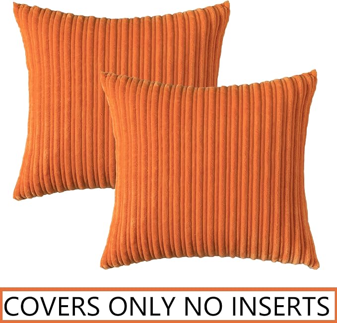UGASA Fall Decorative Soft Velvet Stripe Pillow Covers Set of 2 Solid Corduroy Textured Euro Cushion Cases for Couch Bedroom Sofa Farmhouse, 18x18 Inch, Orange
