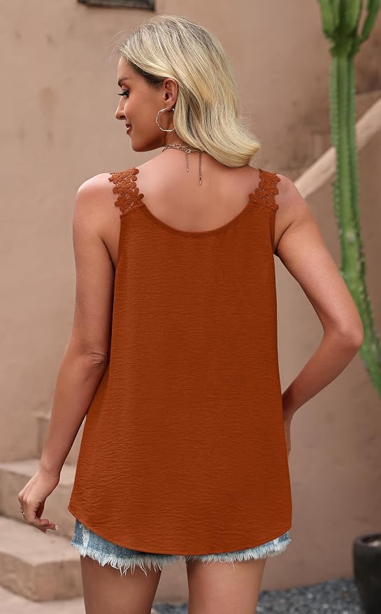 OFEEFAN Tank Top for Women Loose Fit Crew Neck Sleeveless Shirts Strap Lace Camisole Chiffon Summer Tops Curved Hem