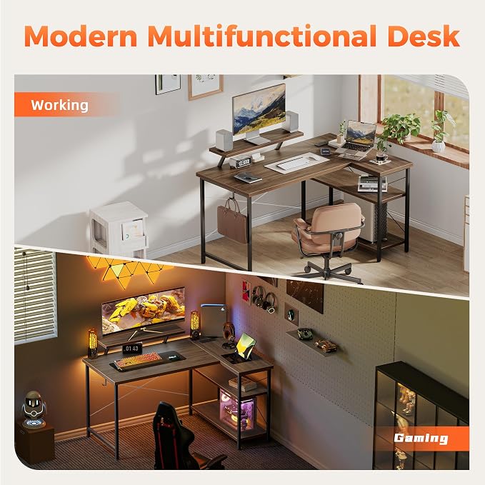 Mericonia 48 in Corner Desk with Monitor Stand, Small L Shaped Gaming Desk | Reversible Computer Desk with Power Outlets, LED Light & Storage Shelves, Office Table for Home Bedroom Study Work Writing