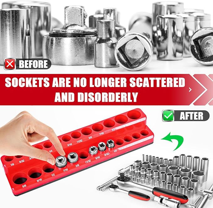 Magnetic Socket Organizer Holder 4-Piece (1/4 In, 3/8 In Drive Metric SAE) Magnet Socket Rail Trays Storage Set Holds 108 Sockets for Tool Box Drawer