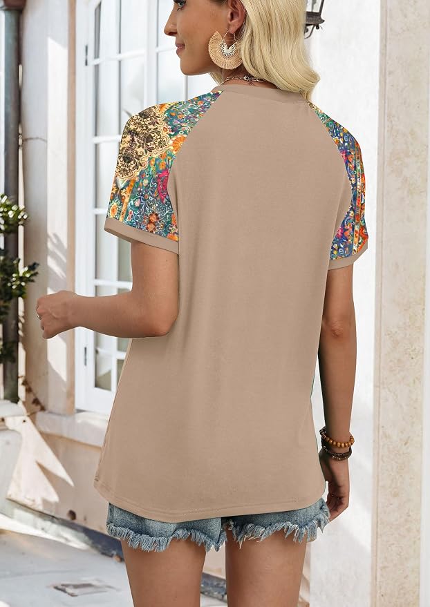 WIHOLL Womens Summer Tops Color Block Short Sleeve Raglan Shirts Spring Fashion Clothes Vacation Outfits
