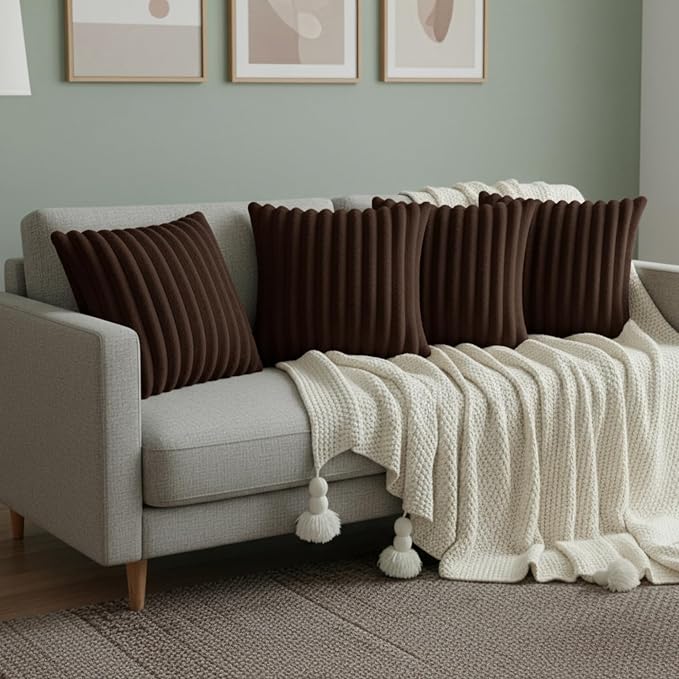 Brown Throw Pillow Covers 18 x 18 Set of 4, Cute Boho Throw Pillow Cover for Couch/Bed, Decorative Pillows Covers for Sofa/Bed, Accent Pillow Covers for Living Room, Rustic/Home/Room Decor