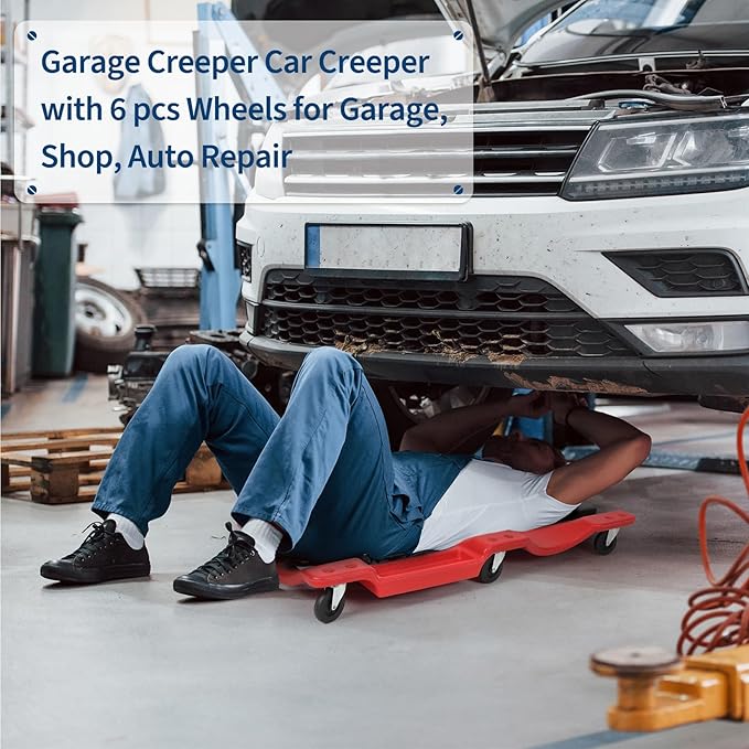 Garvee 40" Plastic Rolling Automotive Garage/Shop Creeper,350 Lbs Blow Molded Ergonomic HDPE Body Low Profile Mechanic Creeper with Padded Headrest, Dual Tool Trays and 6 Casters