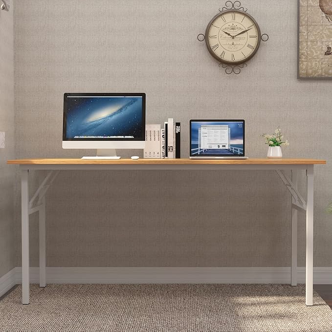 Need Home Office Desk - 62 Inches Large Computer Desk Sturdy Black Table Foldable Desk Gaming Computer Table No Assembly Required Teak&White AC5BW(157.5 * 60) | White Frame Writing Gaming Work Table/Foldable Home Office Desk/Sewing Table, No Assembly R...