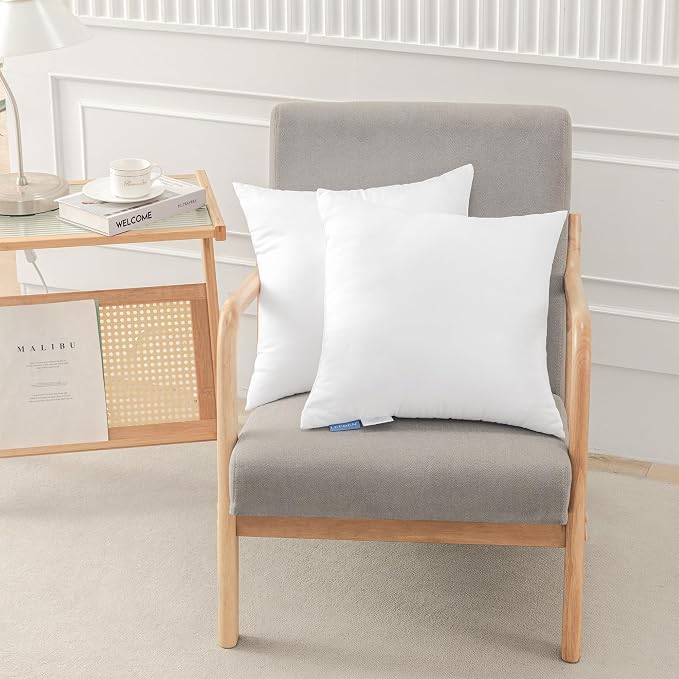 Leeden 18x18 Pillow Inserts Pack of 2, 18 Inch Throw Pillow Inserts, Soft Fluffy Decorative Square Throw Pillows for Couch, Sofa, Bed, and Home Decor White Pillows