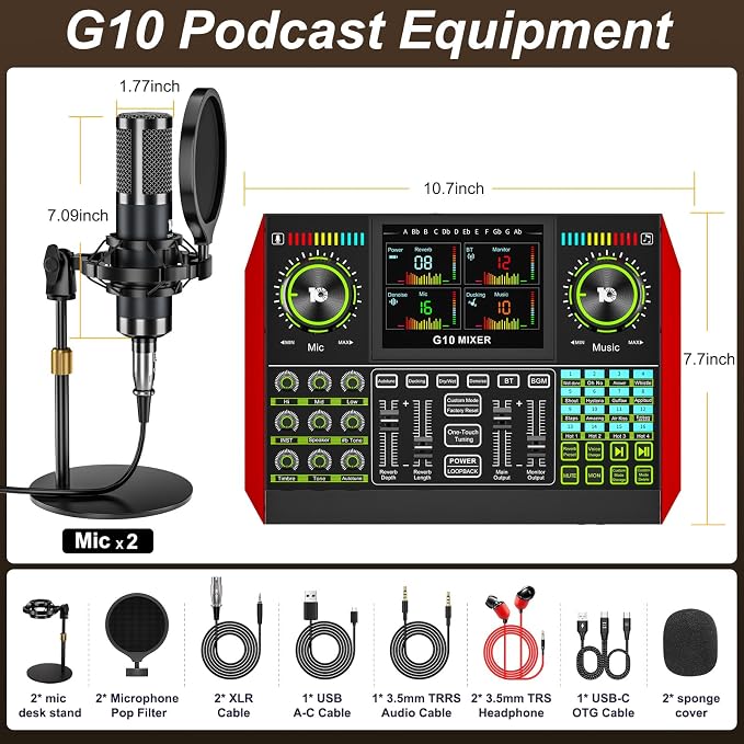 tenlamp G10 Podcast Equipment Bundle for 2 with Live Sound Board Audio Mixer - Two Condenser Mics, Voice Changer, Noise Reduction, for PC/Phone Streaming, Gaming, Singing, Podcast, Recording