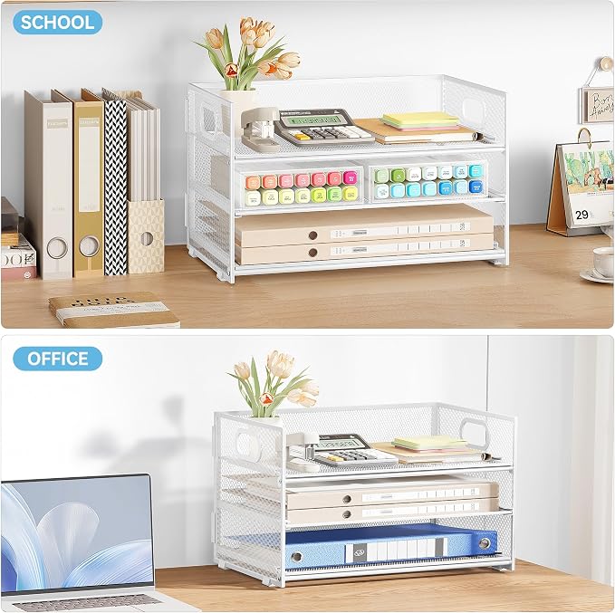 Subekyu 3 Tier Letter Tray Paper Organizer with Handle, 1 PC Sliding Tray, White Metal Mesh Desk File Folder Paper Sorter Organizer for Home Office School Desk Supplies Organization Storage