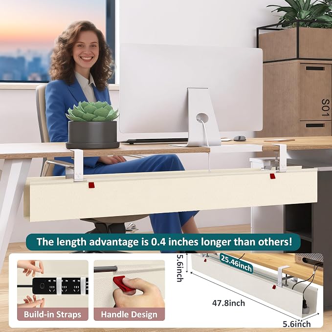 Extra Large 48" Under Desk Cable Management Tray for Standing Desk, No Drill Clamp On Wire Hider, Heavy Duty Anti-Sag Cord Organizer, Cable Tray for Studio & Dual Monitors (Beige, 47.8")