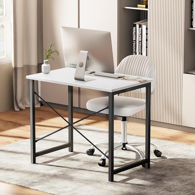 Sweetcrispy 32-Inch Small Computer Desk for Bedroom, Modern White | Gaming Writing Work and Study Desk for Home Office, Sturdy Metal Frame and Compact Modern Design with X-Shaped