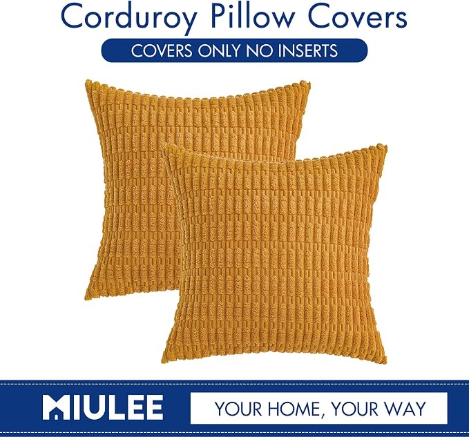 MIULEE Pack of 2 Corduroy Decorative Throw Pillow Covers 18x18 Inch Soft Boho Striped Pillow Covers Modern Farmhouse Home Decor for Summer Sofa Living Room Couch Bed Gold Yellow