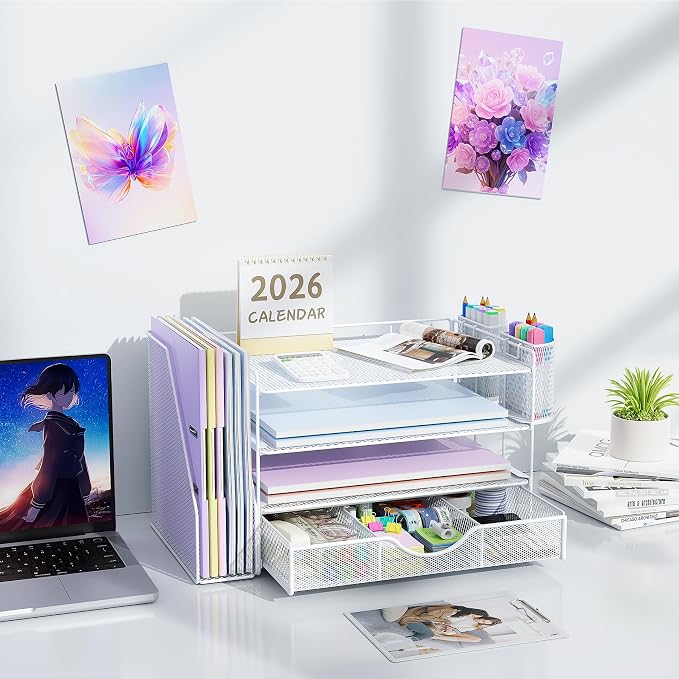 gianotter Desk Organizers and Accessories with File Holder, 4-Tier Desk Accessories & Workspace Organizers with Drawer and 2 Pen Holder, Paper Organizer for Office Supplies (White)