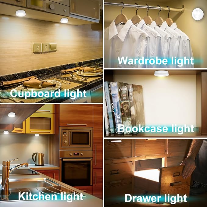 LUXSWAY LED Puck Light, Ultra-Thin Touch Light, Battery Operated, Tap Lights, 60 Lumens, Stick on Lights, Under Cabinet Lighting, Ideal for Kitchen Cabinets, Closets, Garage and More, 3-Pack, White