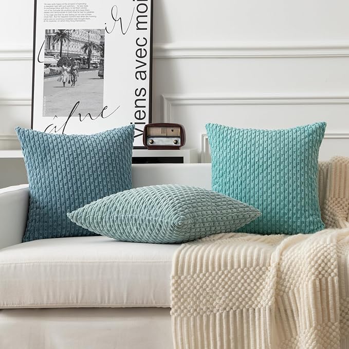 Kevin Textile Soft Corduroy 12"x20" Lumbar Pillow Cover 1 Pack, Aqua Green | Boho Stripe Plush Corduroy Decorative Oblong Cushion Cover Modern Farmhouse Home Decor for Sofa Couch Bed Chair