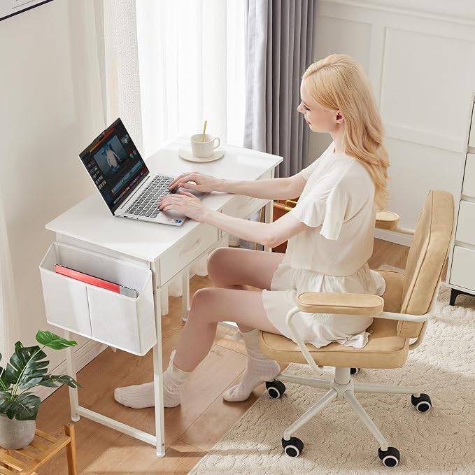 OLIXIS 32 Inch Small Desk, Computer Desk, Home Office | Fabric Drawers, Side Bag, Headphone Hook, Writing Study Work Table, Bedroom, Natural White