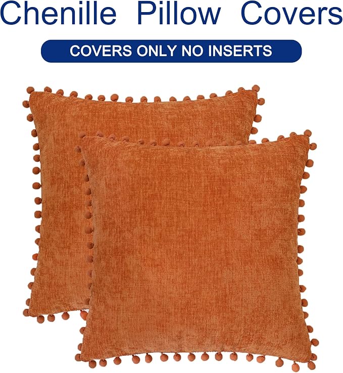 CaliTime Fall Decorative Throw Pillow Covers 12 X 12 Inches Burnt Orange | Pack of 2, Cozy Chenille Cushion Cases, with Pom Poms for Sofa Bed Living Room Farmhouse Home