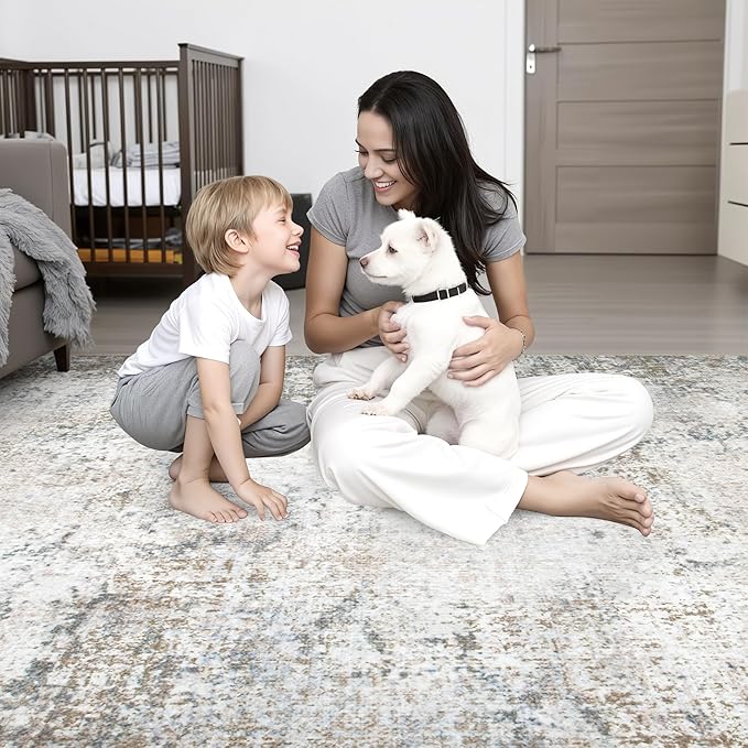 5x5 Area Rug Living Room Rug: Washable Modern Abstract Soft Thin Rug Indoor Floor No Slip Stain Resistant Carpet for Bedroom Dining Room Farmhouse Nursery Home Office - Brown Grey