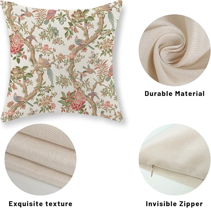 Chinoiserie Pillow Covers 16x16 Set of 2 Pink Green Bird Floral Throw Pillows Vintage Pink Flower Bird Decorative Pillow Cases Outdoor Chinoiserie Decor Farmhouse Cushion Case for Couch Sofa