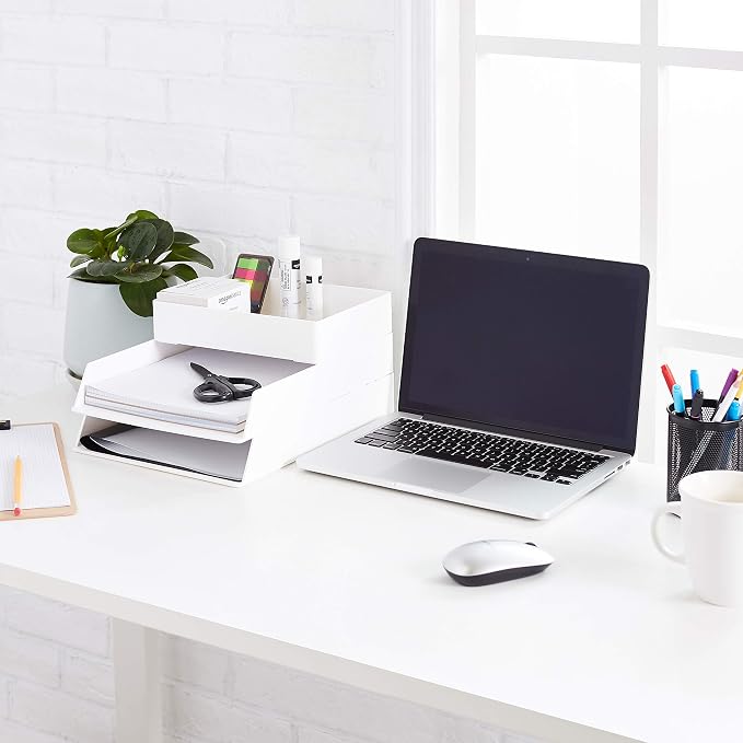 Amazon Basics Rectangular Plastic Desk Organizer Bundle, 3 Pieces Letter Tray and Accessory Tray for Office Supplies, Document Organization, Workspace Storage, 10 x 13.4 inches, White
