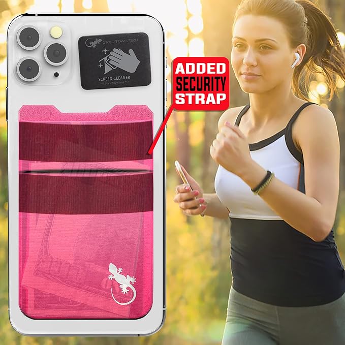 Gecko Travel Tech Double Pocket - Adhesive Card Holder - Cell Phone Pouch - Stick on Spandex Pocket - Carry Credit Cards and Cash (PINK-WHITE)