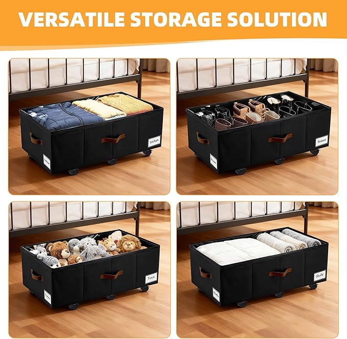 11 inch Under Bed Storage with Wheels, 2-Pack Underbed Storage Containers for College Dorms Bedrooms Organization, Foldable Under Bed Drawers for Comforters, Blankets, Clothes & Shoes, Black
