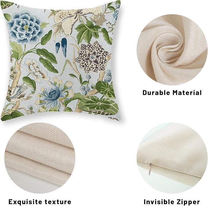 Baby Blue Green Pillow Covers 18x18 Inch Set of 2 Vintage Blue Floral Throw Pillows Chinoiserie Flower Decorative Pillow Case Outdoor Linen Farmhouse Cushion Cover for Couch Sofa Decorations
