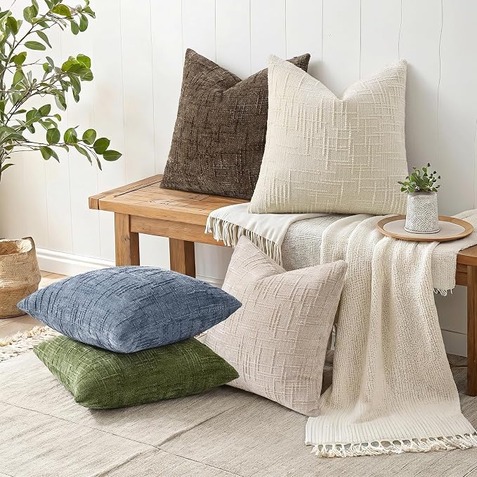 decorUhome Textured Chenille Throw Pillow Covers 16x16 Set of 2 Grey Blue | Fall Modern Farmhouse Soft Cozy Slubby Couch Pillow Cases Boho Decorative Pillow Cases for Bed Sofa Living Room Home Decor