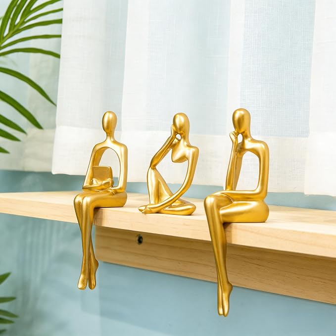 Prettidecor Gold Decor Reading Thinker Resin Statues Set of 3 | Office Coffee Shelf Table Desk Decor Abstract Decoration for Living Room Bedroom Collectable Figurines