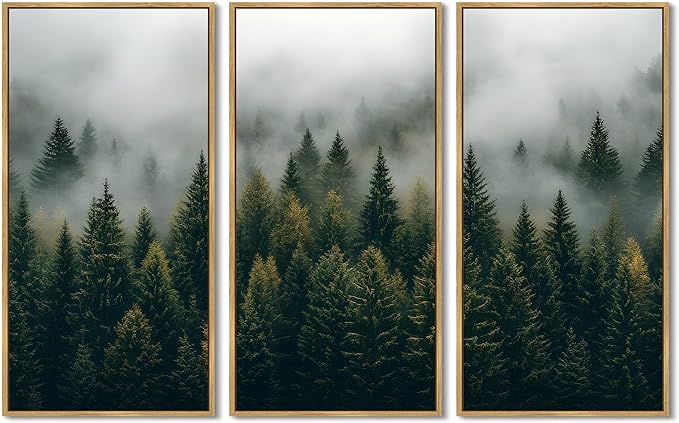 KUVIOKE Nordic Forest Wall Art Framed Misty Pine Tree Modern Prints Ready To Hang for Bedroom 8x16in3pcs Natural Framed