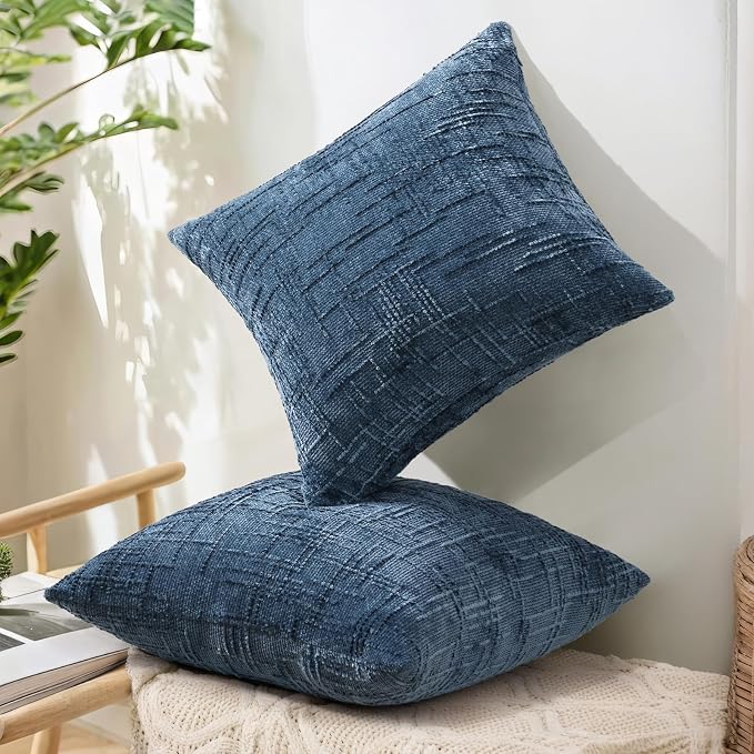 decorUhome Textured Chenille Throw Pillow Covers 12x20 Set of 2 Navy Blue | Fall Modern Farmhouse Soft Cozy Slubby Couch Pillow Cases Boho Decorative Pillow Cases for Bed Sofa Living Room Home Decor