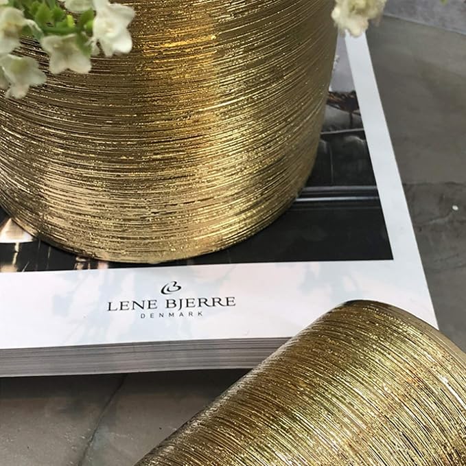 WGV Ceramic Cylinder Vase Width 4" Height 8" Elegant Unique Modern Matte Floral Container Planter Pot Centerpiece for Event Party Wedding Office Home Decor, Gold Textured 1 Piece